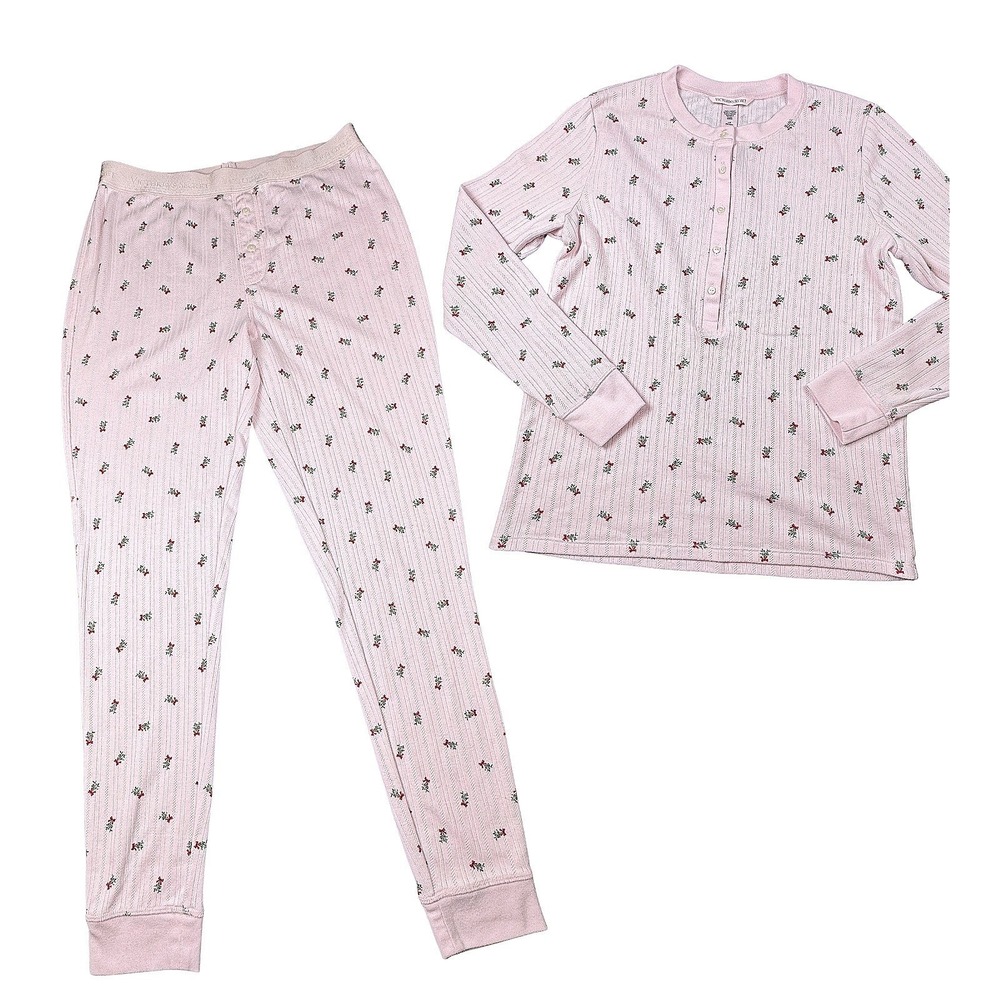 Victoria's Secret Womens Pink Bow Printed Sleepwear Pajama Set L Cute Coquette